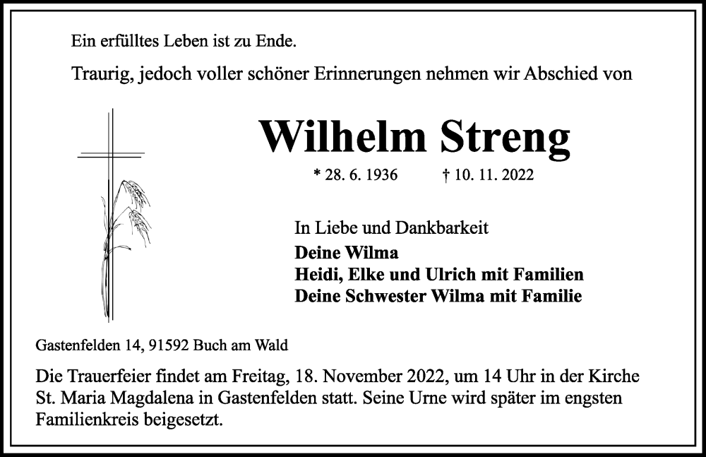  Traueranzeige für Wilhelm Streng vom 15.11.2022 aus Rothenburg