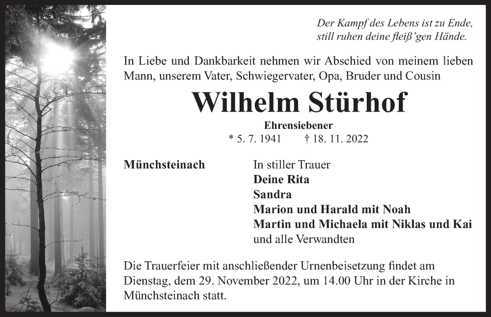  Traueranzeige für Wilhelm Stürhof vom 26.11.2022 aus Neustadt/ Scheinfeld/ Uffenheim