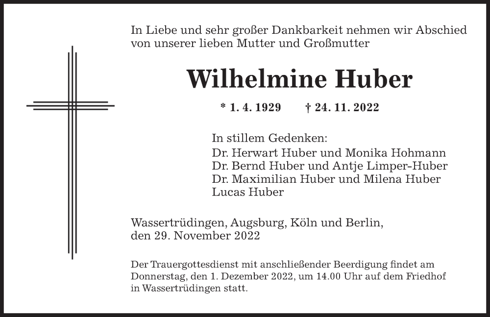  Traueranzeige für Wilhelmine Huber vom 29.11.2022 aus Dinkelsbühl/ Feuchtwangen