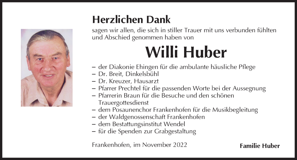  Traueranzeige für Willi Huber vom 26.11.2022 aus Dinkelsbühl/ Feuchtwangen