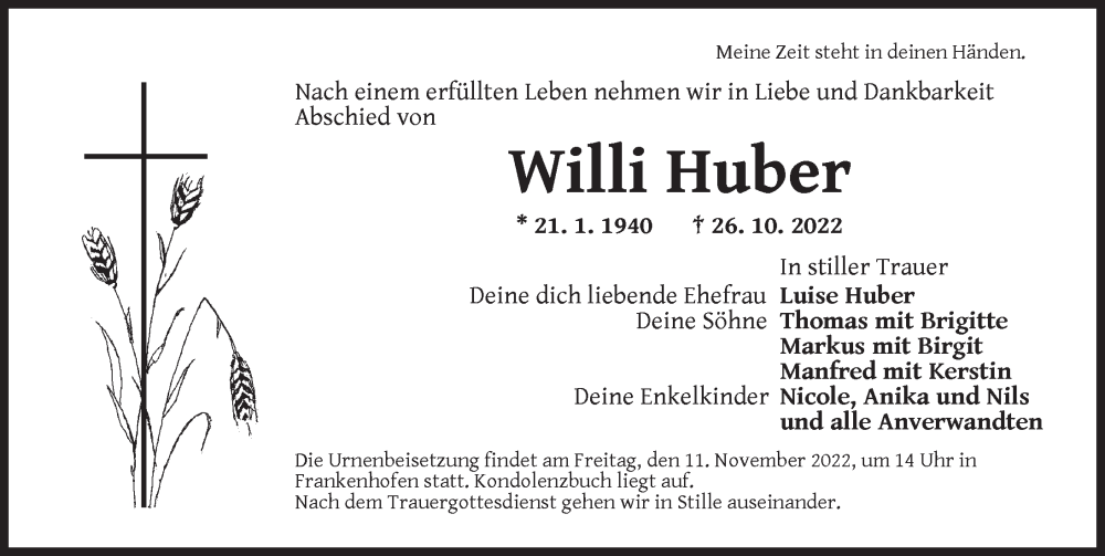  Traueranzeige für Willi Huber vom 10.11.2022 aus Dinkelsbühl/ Feuchtwangen