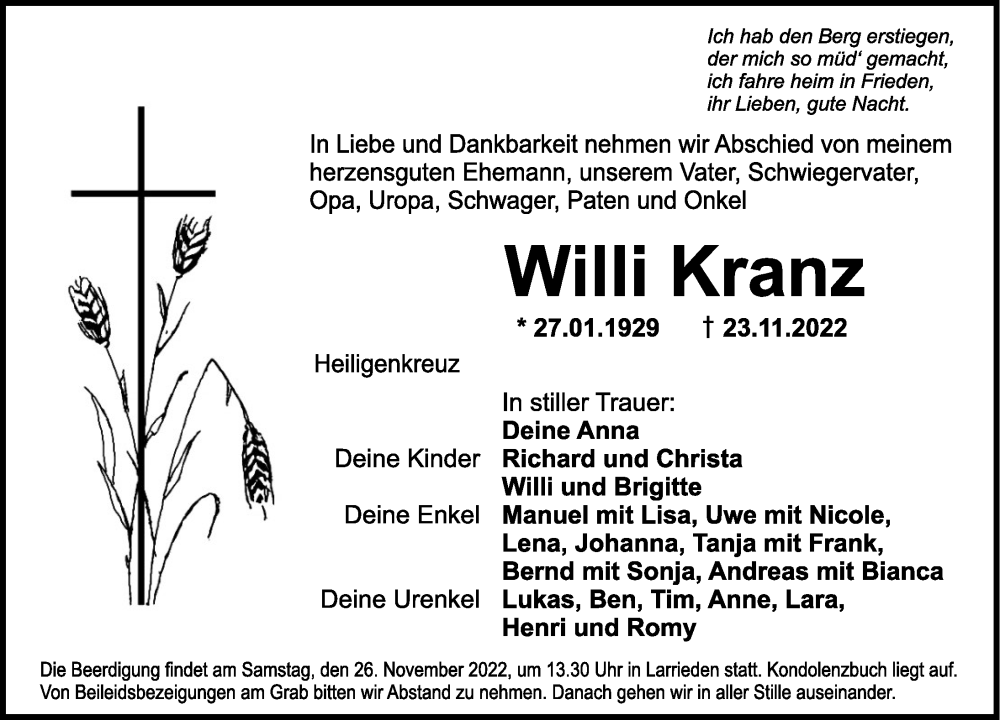  Traueranzeige für Willi Kranz vom 25.11.2022 aus Dinkelsbühl/ Feuchtwangen