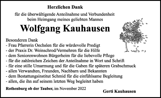 Traueranzeige von Wolfgang Kauhausen von Rothenburg