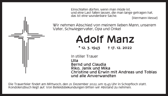 Traueranzeige von Adolf Manz von Dinkelsbühl/ Feuchtwangen