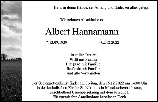 Traueranzeige von Albert Hannamann von Ansbach