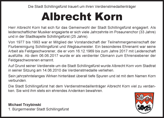 Traueranzeige von Albrecht Korn von Rothenburg