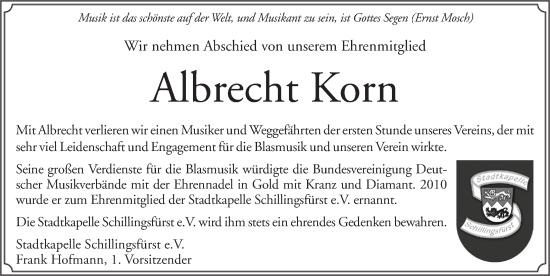 Traueranzeige von Albrecht Korn von Rothenburg