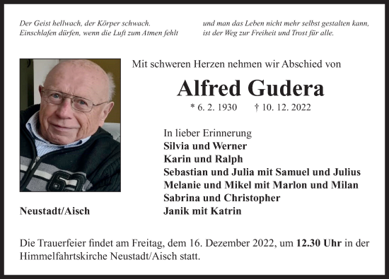 Traueranzeige von Alfred Gudera von Neustadt/ Scheinfeld/ Uffenheim