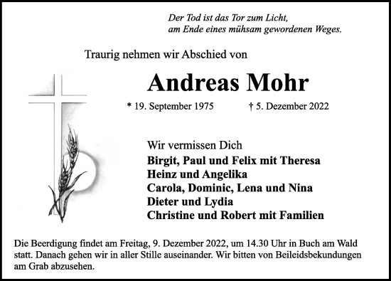 Traueranzeige von Andreas Mohr von Ansbach