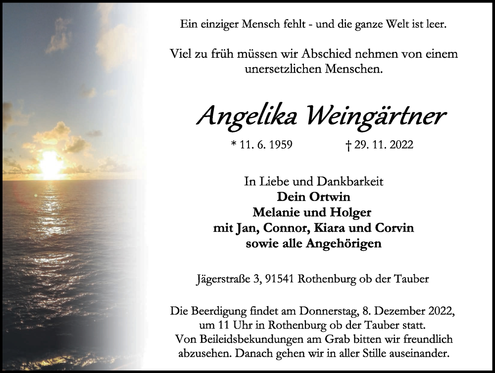  Traueranzeige für Angelika Weingärtner vom 03.12.2022 aus Rothenburg