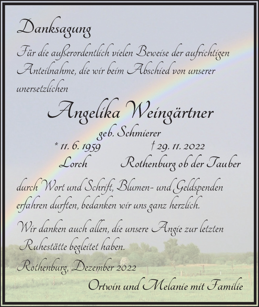  Traueranzeige für Angelika Weingärtner vom 17.12.2022 aus Rothenburg
