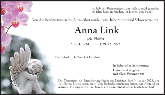 Traueranzeige von Anna Link von Ansbach