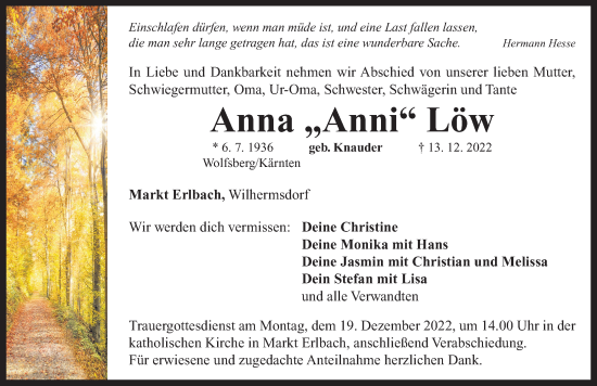 Traueranzeige von Anna Löw von Neustadt/ Scheinfeld/ Uffenheim