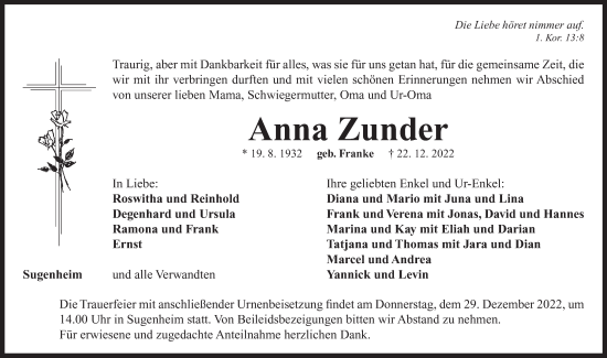 Traueranzeige von Anna Zunder von Neustadt/ Scheinfeld/ Uffenheim