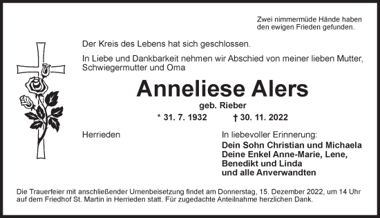 Traueranzeige von Anneliese Alers von Ansbach