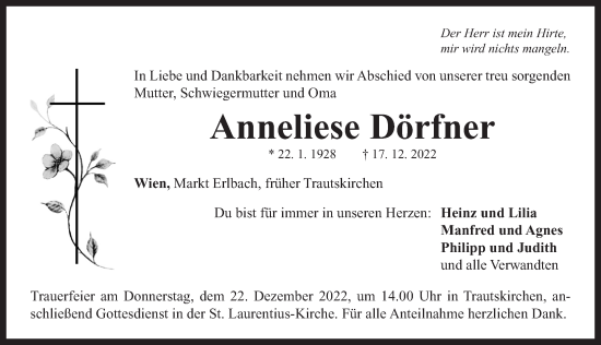 Traueranzeige von Anneliese Dörfner von Neustadt/ Scheinfeld/ Uffenheim