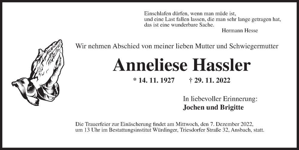  Traueranzeige für Anneliese Hassler vom 03.12.2022 aus Ansbach