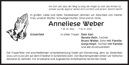 Traueranzeige von Anneliese Weber von Neustadt/ Scheinfeld/ Uffenheim