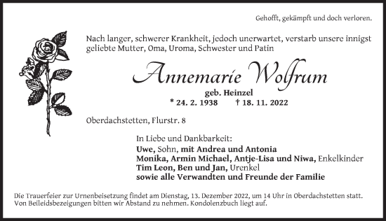 Traueranzeige von Annemarie Wolfrum von Ansbach