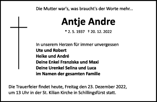 Traueranzeige von Antje Andre von Rothenburg