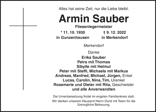 Traueranzeige von Armin Sauber von Ansbach