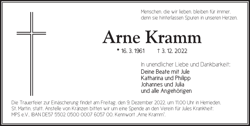  Traueranzeige für Arne Kramm vom 06.12.2022 aus Ansbach