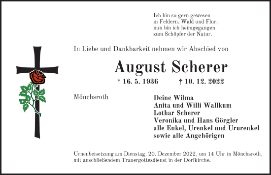 Traueranzeige von August Scherer von Dinkelsbühl/ Feuchtwangen