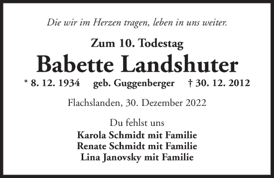 Traueranzeige von Babette Landshuter von Ansbach