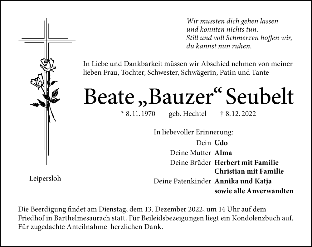  Traueranzeige für Beate Seubelt vom 12.12.2022 aus Ansbach