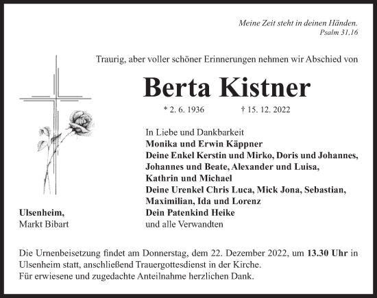 Traueranzeige von Berta Kistner von Neustadt/ Scheinfeld/ Uffenheim