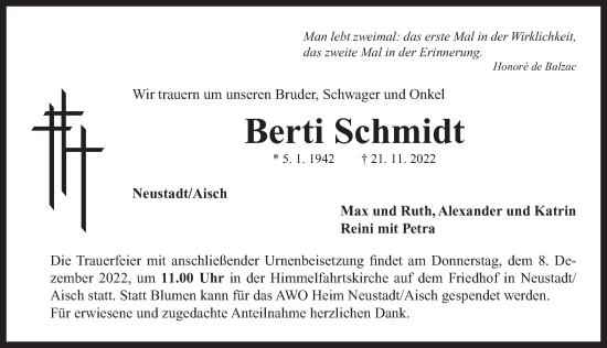 Traueranzeige von Berti Schmidt von Neustadt/ Scheinfeld/ Uffenheim