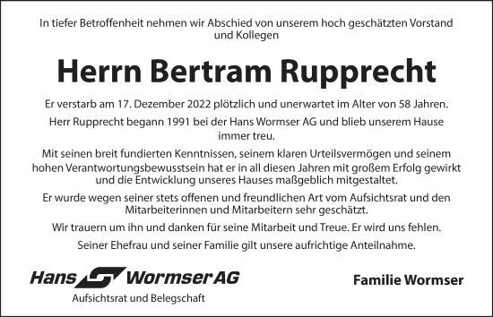 Traueranzeige von Bertram Rupprecht von Neustadt/ Scheinfeld/ Uffenheim