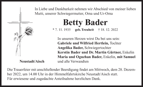 Traueranzeige von Betty Bader von Neustadt/ Scheinfeld/ Uffenheim