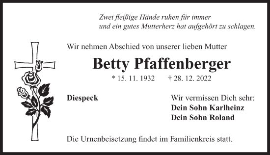 Traueranzeige von Betty Pfaffenberger von Neustadt/ Scheinfeld/ Uffenheim