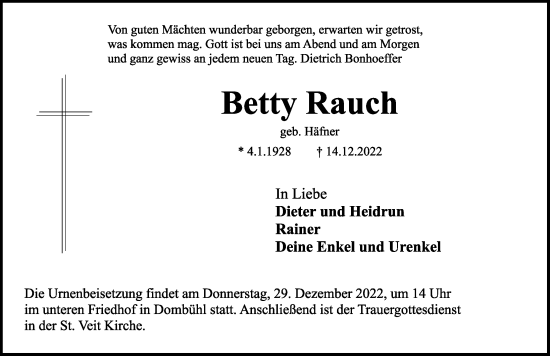 Traueranzeige von Betty Rauch von Rothenburg