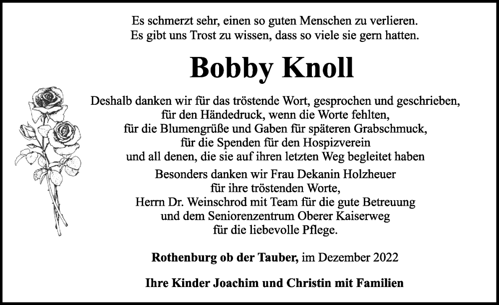  Traueranzeige für Bobby Knoll vom 03.12.2022 aus Rothenburg