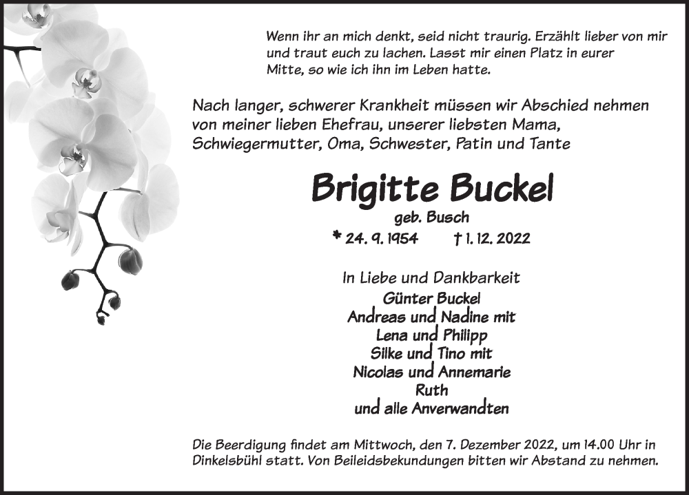  Traueranzeige für Brigitte Buckel vom 05.12.2022 aus Dinkelsbühl/ Feuchtwangen