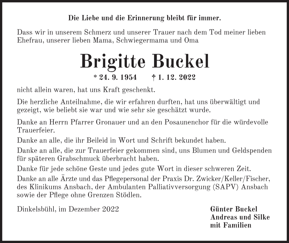  Traueranzeige für Brigitte Buckel vom 23.12.2022 aus Dinkelsbühl/ Feuchtwangen