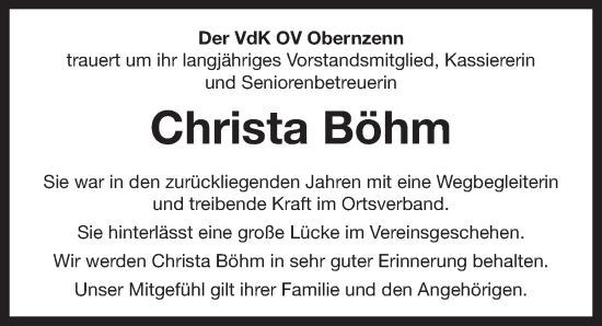 Traueranzeige von Christa Böhm von Neustadt/ Scheinfeld/ Uffenheim