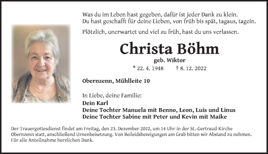 Traueranzeige von Christa Böhm von Neustadt/ Scheinfeld/ Uffenheim