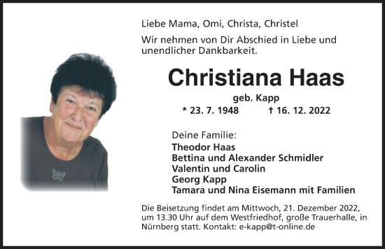 Traueranzeige von Christiana Haas von Ansbach