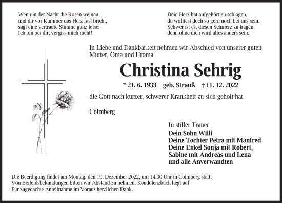 Traueranzeige von Christina Sehrig von Ansbach