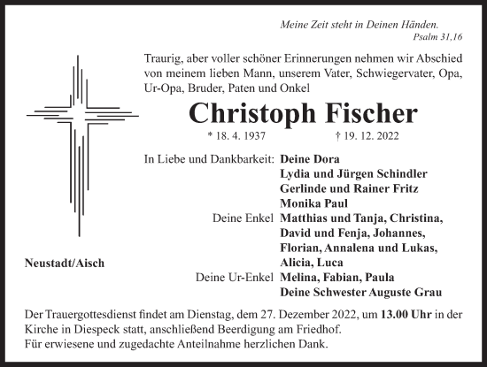Traueranzeige von Christoph Fischer von Neustadt/ Scheinfeld/ Uffenheim