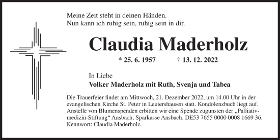 Traueranzeige von Claudia Maderholz von Ansbach