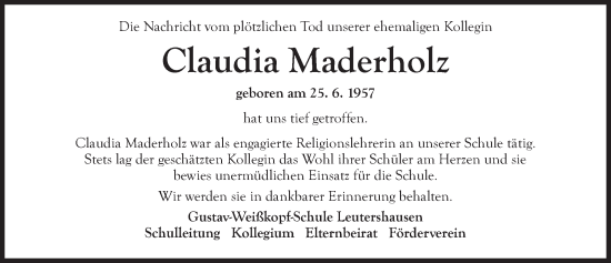 Traueranzeige von Claudia Maderholz von Ansbach