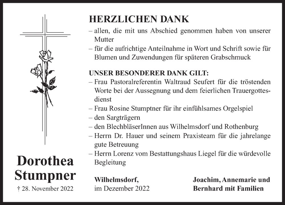  Traueranzeige für Dorothea Stumpner vom 21.12.2022 aus Neustadt/ Scheinfeld/ Uffenheim
