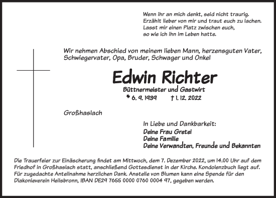 Traueranzeige von Edwin Richter von Ansbach