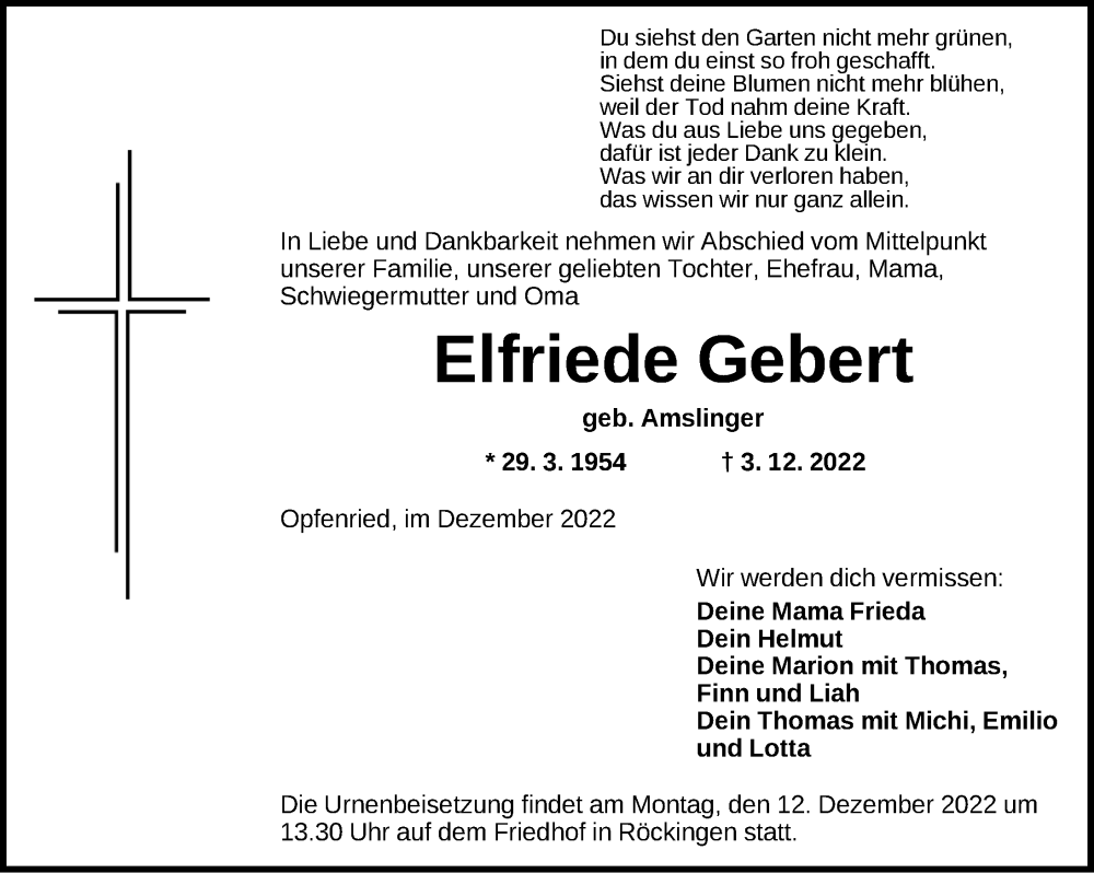  Traueranzeige für Elfriede Gebert vom 08.12.2022 aus Dinkelsbühl/ Feuchtwangen