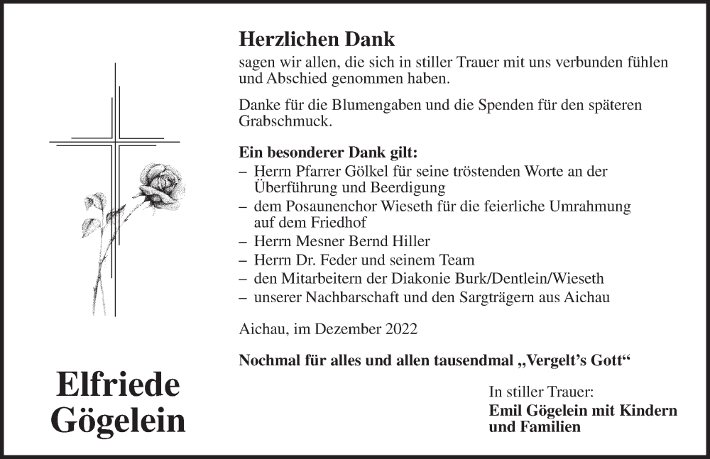  Traueranzeige für Elfriede Gögelein vom 24.12.2022 aus Dinkelsbühl/ Feuchtwangen