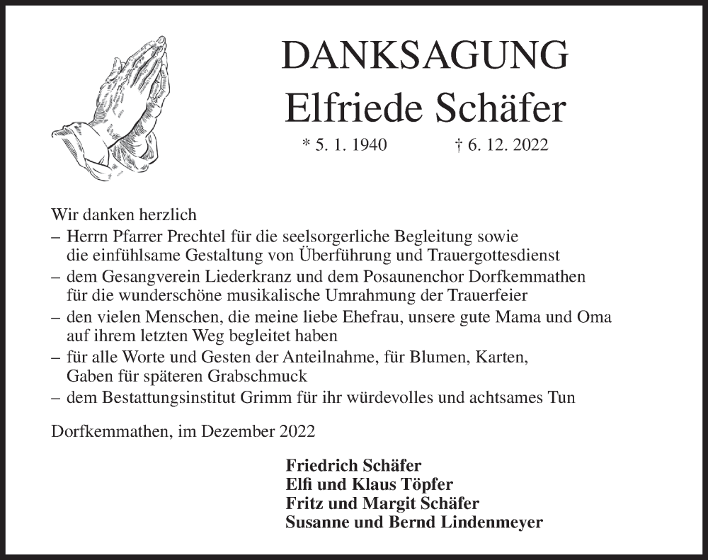  Traueranzeige für Elfriede Schäfer vom 23.12.2022 aus Dinkelsbühl/ Feuchtwangen
